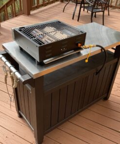 Keter Unity XL Outdoor Kitchen Island Rolling Cart Bar Table & Storage Cabinet, Grill Station with Utensil Hooks for Grilling Accessories, Brown Table and Cabinet 46 71sYCiApFKL
