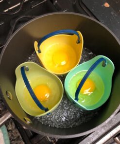 Egg Poacher - Skoo Silicone Egg Poaching Cups + Lids + Ebook - Egg Cooker Set - Perfect Poached Egg Maker - For Stove Top, Microwave and Instant Pot (Green, Red, Yellow, Turquoise, Dark Blue) Green, Red, Yellow, Turquoise, Dark Blue 31 71sbi4JSMBL