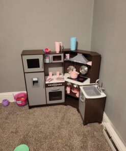Amazon Basics Kids Corner Wooden Kitchen Toy Playset with Stove, Oven, Sink, Fridge and Accessories, for Toddlers, Preschoolers, Children Age 3+ Years, Espresso/Gray, 39.37"L x 28.35"W x 35.04"H Corner Kitchen 42 71sg1b32hvL