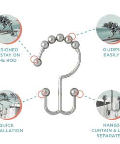 Maytex Shower Curtain Hooks, Shower Curtain Rings, Rust-Resistant Decorative Double Roller Glide Shower Hooks, Shower Rings for Bathroom Shower Rods, Curtains, Liners, Set of 12, Chrome 19 71spUfmJNjL
