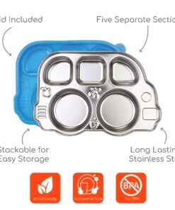 Innobaby Stainless Bus Plate with Airtight Sectional Lid, The Original, Leak-Resistant Divided Platter, Mom Invented Fun Shape Plate Din Din Smart for Babies, Toddlers and Kids, BPA Free Plate, Blue 22 71suUrh8xtL