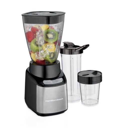 Hamilton Beach Stay or Go Blender with 32oz Jar, 8oz Grinder for Nuts & Spices, and 2 Portable Cups with Drinking Lids for Shakes and Smoothies, BPA Free, Black and Silver (52400)