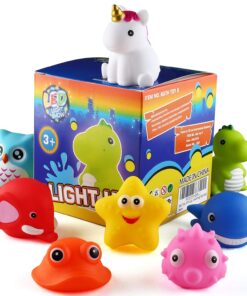 Bath Toys, 8 Pcs Light Up Floating Rubber Animal Toys Set, Flashing Color Changing Light in Water, Baby Infants Kids Toddler Child Preschool Bathtub Bathroom Shower Games Swimming Pool Party 25 71t6D8byMS