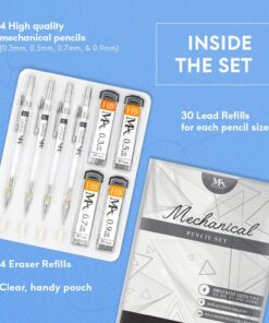 MozArt Mechanical Pencil Set with Case - 4 Sizes: 0.3, 0.5, 0.7 & 0.9mm with 30 HB Lead Refills Each & 4 Eraser Refills -Sketch, Drafting, Art, Drawing Supplies (Clear) Clear 42 71t8HvVUNL
