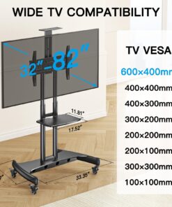 Alternative view of PERLESMITH Rolling/Mobile TV Cart with Wheels for 32-82 Inch LCD LED 4K Flat Screen TVs - TV Floor Stand with Shelf Holds Up to 100 lbs, Height Adjustable Trolley Max VESA 600x400mm- PSTVMC05