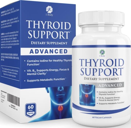 1 Body Thyroid Support Supplement with Iodine - Energy & Focus Support Formula - Vegetarian & Non-GMO - Vitamin B12 Complex, Zinc, Selenium, Ashwagandha, Copper & More 30 Day Supply 60 Count (Pack of 1)