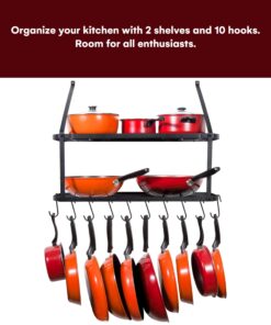 Vdomus Hanging Pot Rack - Rustproof Wall Mounted Pot Rack Pan Hanger for Kitchen Storage & Organization - Durable, Thick Iron Material - Easy Setup 2-Tier Pot Shelf Wall Mount Pot Holder - Black 24 71tP4DxpxQL