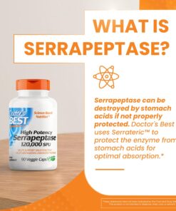 Doctor's Best High Potency Serrapeptase, Non-GMO, Gluten Free, Vegan, Supports Healthy Sinuses, 120,000 SPU, 90 Count 90 Count (Pack of 1) 26 71tf4dQWiJL