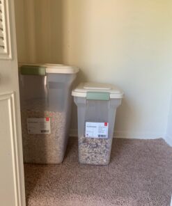 IRIS USA 55 Lbs / 67 Qt WeatherPro Airtight Pet Food Storage Container with Attachable Casters, For Dog Cat Bird and Other Pet Food Storage Bin, Keep Pests Out, Translucent Body, Almond/Clear Clear/Almond 45 71tkf8OdyEL 1