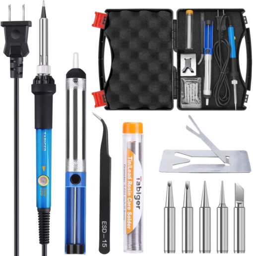 Soldering Iron Kit Electronics, 60W Adjustable Temperature Soldering Iron with Tips Desoldering Pump Solder Wire Tube Soldering Iron Holder Tool Carrying Case