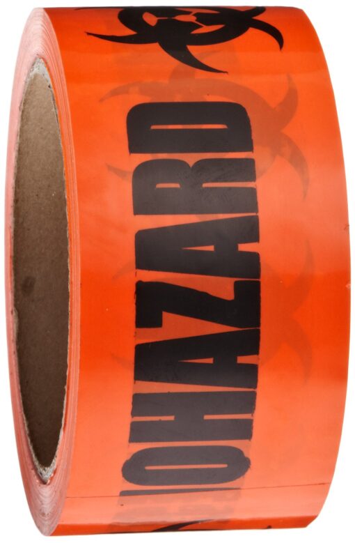 Roll Products 142-0004 PVC Film Biohazard Warning Tape with Black Imprint, Legend "Biohazard" (with Logo), 55 yd. Length x 2" Width, 3" Diameter Core Roll, for Identifying and Marking, Fluorescent Red/Orange 1