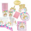 Unicorn Themed Party Supplies Set,Unicorn Cake Plates,Cups,Napkins,Tablecloth,Straws&Decoration,Paper Disposable Tableware Set for Girls Children Birthday Party or First,Baby Shower, Serves 16 Guests 33 71u50kZscgL