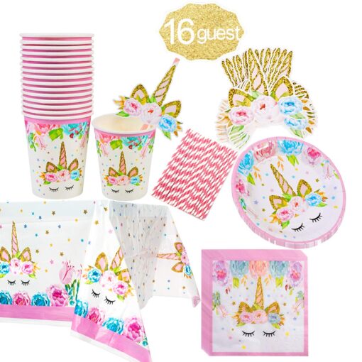 Unicorn Themed Party Supplies Set,Unicorn Cake Plates,Cups,Napkins,Tablecloth,Straws&Decoration,Paper Disposable Tableware Set for Girls Children Birthday Party or First,Baby Shower, Serves 16 Guests