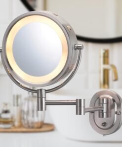 JERDON Two-Sided Wall-Mounted Makeup Mirror with Halo Lighting - Lighted Makeup Mirror with 5X Magnification & Wall-Mount Arm - Plug in Round Mirror with Nickel Finish Wall Mount - Model HL65N 20 71uJQtpoAIL