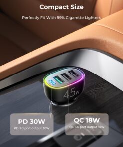 USB C Car Charger, 45W 4 Ports Super Fast Car Charger Adapter, PD 3.0 & QC 3.0 30W Type C Car Charger Compatible with iPhone13 Pro Max/Samsung Galaxy 22/Google Pixel, Cigarette Lighter USB Charger Black 34 71uLaesbPBL