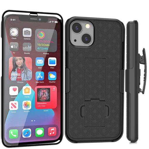 Ailiber Compatible with iPhone 13 Case, iPhone 13 Case Holster with Screen Protector, Swivel Belt Clip, Kickstand Holder, Slim Shockproof Shell Slide Pouch Phone Cover for iPhone 13 6.1 inch -Black Screen Protector & Black