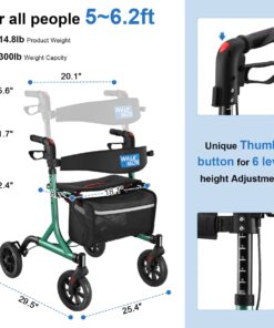 Alternative view of WALK MATE Rollator Walker for Seniors with Cup Holder, Upgraded Thumb Press Button for Height Adjustment, 4 x 8" Wheels Walker with Seat Padded Backrest Folding Lightweight Walking Aid, Green