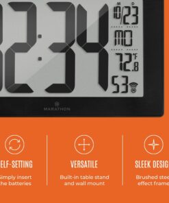 MARATHON Atomic Wall Clock with Stand, Black Frame/Black Stainless Steel Finish - Large, 9-Inch Display - AM/PM or 24-Hour Time Format, 8 Time Zones & Indoor Temperature - Two AA Batteries Included Black Brushed Steel + Square Edges 16 71usVzZogqL