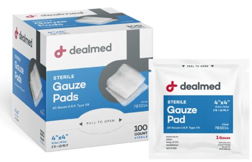 Dealmed Sterile Gauze Pads – 100 Count, 4’’ x 4’’ Disposable and Individually Wrapped Gauze Pads, Wound Care Product for First Aid Kit and Medical Facilities 4x4 Inch (Pack of 100)