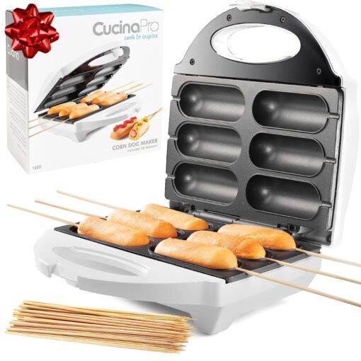 Corn Dog Maker- Perfect Hot Dogs on a Stick, Cheese Sticks, Cake Pops- Includes 50 Skewers & Recipes, Easy to Use Electric Nonstick Baker For BBQ Parties, 6 Mini Dogs at Once, Gift for Him or Her