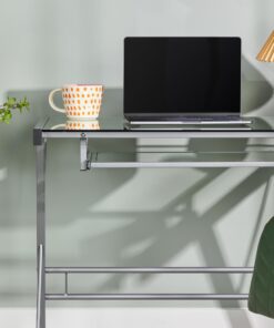 Walker Edison Metal and Glass Work From Home Laptop Computer Gaming Desk with Slide In Keyboard Tray Home Office, 31 Inch, Silver Single Desk Stanford 41 71v0iH7w2L