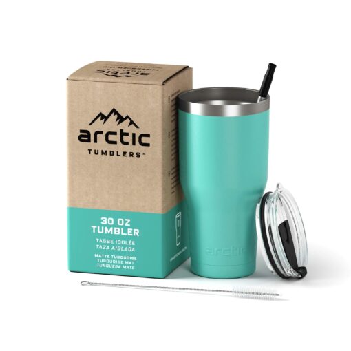 Arctic Tumblers | 30 oz Matte Turquoise Insulated Tumbler with Straw & Cleaner - Retains Temperature up to 24hrs - Non-Spill Splash Proof Lid 30 oz Tumbler Matte Turquoise Powder Coat