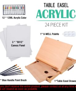 Alternative view of Falling in Art Tabletop Easel Set - 24 Pieces Starter Kit - Artist Acrylic Painting Kit with 12 Acrylic Paints Set, Canvas Panels, Brushes, Wooden Palette for Kids, Adults, Beginners, Professionals 24 PCS Drawer Easel Painting Set