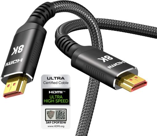 Snowkids 10K 8K HDMI Cable 2.1 10FT/3M 48Gbps, Certified 48Gbps High Speed 3D 8K60 4K120 144Hz Braided HDMI Cord eARC HDR10 HDCP 2.2&2.3 Compatible with Roku TV/PS5/HDTV/Blu-ray Black 10feet 1