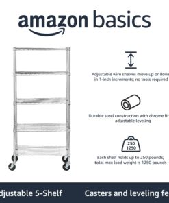 Amazon Basics 5-Shelf Medium Adjustable, Heavy Duty Storage Shelving Unit on 4'' Wheel Casters, Metal Organizer Wire Rack, Chrome, 30" L x 14" W x 64.8" H With Wheels 25 71vUV5JFS5L