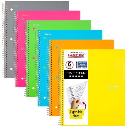 Five Star Spiral Notebooks, 1 Subject, College Ruled Paper, 100 Sheets, 11 x 8-1/2 inches, Assorted Colors, 6 Pack (38057) 6 Pack - Assorted