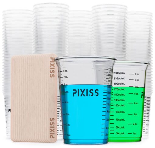 Disposable Epoxy Resin Mixing Cups with Measurements (50-Pack) Pixiss Mixing Cups for Epoxy Resin, Epoxy Mixing Containers, Epoxy Cups For Epoxy Measuring Cups - 20 Resin Mixing Sticks 50x 10-Ounce