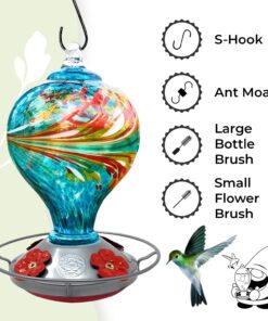 Alternative view of Hummingbird Feeder by Grateful Gnome - Large Hand Blown Stained Glass Feeder for Garden, Patio, Outdoors, Window with Accessories S-Hook, Ant Moat, Brush - 36fl oz, Large Blue Egg Design