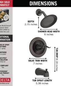 Delta Faucet Windemere 14-Series Tub and Shower Faucet Set, Shower Handle, Oil Rubbed Bronze Shower Faucet, Delta Shower Trim Kit, Oil Rubbed Bronze BT14496-OB (Valve Not Included) Without Rough Tub/Shower Faucet 25 71vnakp114L