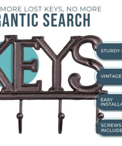 Alternative view of Comfify Key Holder for Wall - Cast Iron Decorative Farmhouse Rustic Wall Mount Key Organizer - 4 Key Hooks -  Vintage Key Rack for Entryway with Screws and Anchors – 6x8” - Rust Brown Rust Brown (6x8”)
