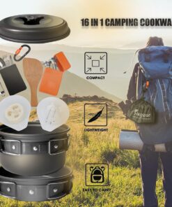 Bisgear 16pcs Camping Cookware Backpacking Stove Mess Kit – Camping Cooking Set - Camping Pots and Pans Set - Camping Accessories Equipment - Backpacking Supplies Survival Gear Black 37 71wAMYJFwiL