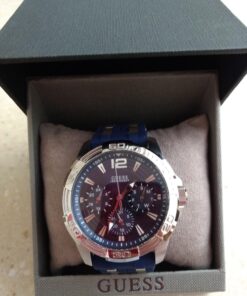 GUESS Stainless Steel Stain Resistant Silicone Watch with Day, Date + 24 Hour Military/Int'l Time Blue/Blue/Silver Tone 45 71wHFKSZcSL