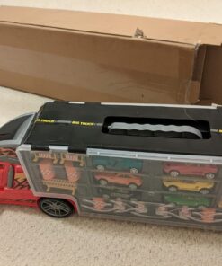 Amazon Basics Toy Car Carrier Truck With Storage For Kids Ages 3 and Up, 6-Pieces Diecast Vehicles & 16 Accessories, Multicolor, Medium 59 71wJSQ7ENRL