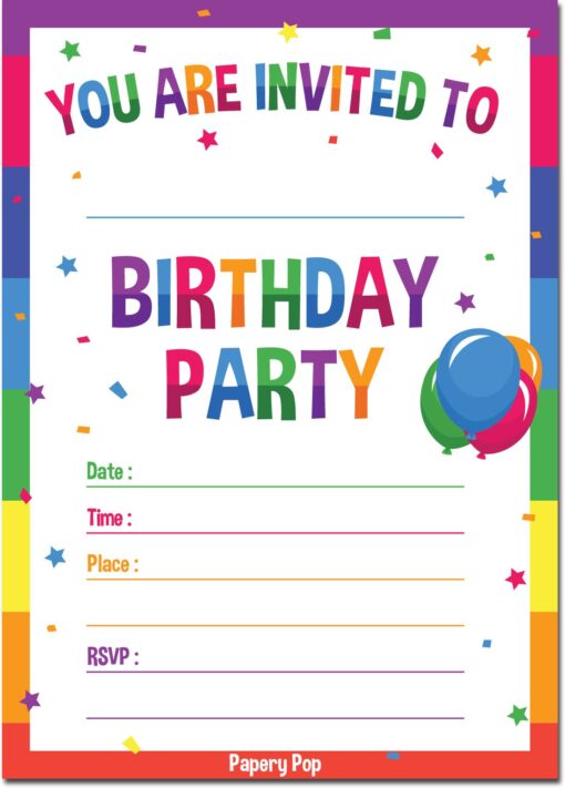 30 Birthday Invitations with Envelopes (30 Pack) - Kids Birthday Party Invitations for Boys or Girls - Rainbow