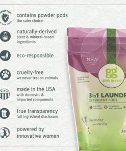 Grab Green 3-in-1 Laundry Detergent Pods, 60 Count, Lavender Vanilla Scent, Plant and Mineral Based, Superior Cleaning Power, Stain Remover, Brightens Clothes 60 Count (Pack of 1) 17 71wQKRwdEVL