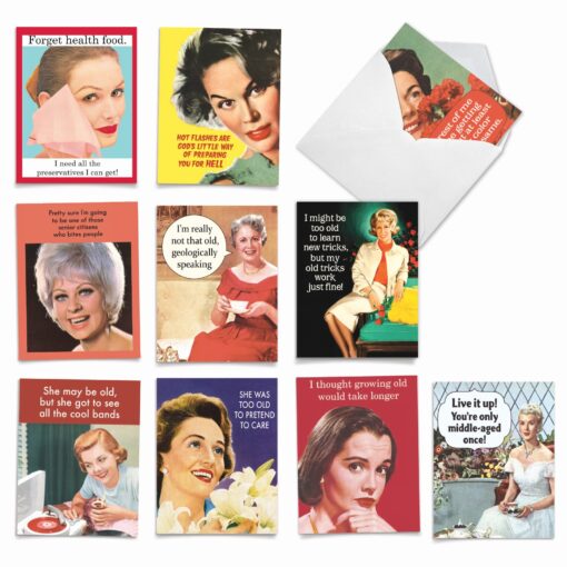 The Best Card Company - 10 Funny Birthday Cards Assorted (4 x 5.12 Inch) - Adult Retro Assortment, Boxed Greeting Cards with Envelopes - Ageless Wisdom M6620BDG