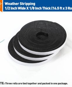 MAGZO Weather Stripping Door Seal, 1/2 Inch Wide X 1/8 Inch Thick Adhesive Foam Tape Soundproof Weatherstripping for Windows, 3 Rolls Total 50FT Black 1/2in * 1/8in * 50FT 33 71wRBfBwvL
