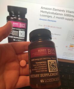Amazon Elements Vitamin B12 Methylcobalamin 5000 mcg - Normal Energy Production and Metabolism, Immune System Support - 2 Month Supply, Berry Flavored Lozenges, 65 Count 27 71wSRJt0eUL