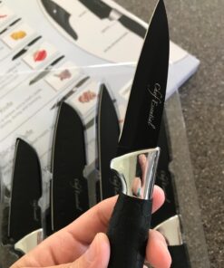 Chef Essential Carbon Steel Culinary Knife Set – 6-Piece Sharp Knife Set – Meat, Veggie, Bread Knife Set – Nonstick Chef Knife Cooking Knives – Professional Sharp Kitchen Knife Set Without Block Solid Black Set 35 71wZMr4TNgL