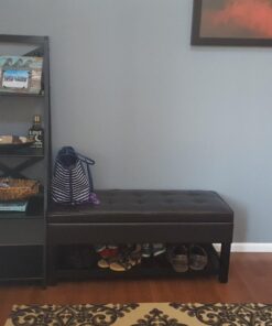 SIMPLIHOME Cosmopolitan 44 Inch Wide Rectangle Ottoman Bench with Open Bottom in Tanners Brown Faux Leather Tufted Footrest Stool, For Living Room, Bedroom, Traditional Rectangular 43 71we4ulgoFL