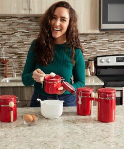 Canister Sets For The Kitchen (4 Piece Set) Red, High Gloss Ceramic | By Home Basics | Decorative | With Wooden Spoons, Countertop Set For Flour, Sugar, Coffee, and Snacks 25 71whT2q1hdL