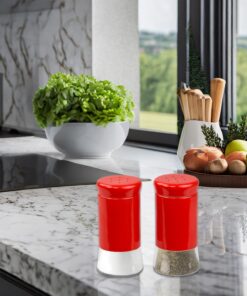 Retro-Styled Stainless Steel Salt and Pepper Shakers (Red), By Home Basics | 2 Piece Shakers for Salt, Pepper, Cumin, Cinnamon, Paprika, and More | With See-Through Glass Bases Red 1 of Each 23 71woXJhlNdL