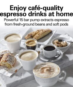 Hamilton Beach 15 Bar Espresso Machine, Cappuccino, Mocha, & Latte Maker, with Milk Frother, Make 2 Cups Simultaneously, Works with Pods or Ground Coffee, 50 oz. Water Reservoir, Black 12 71x0NqkS0AL