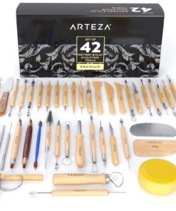 Arteza Pottery & Polymer Clay Tools, 42-Piece Sculpting Set, Steel Tip Tools with Wooden Handles, for Pottery Modeling, Smoothing, Carving & Ceramics 31 71x98QZszL