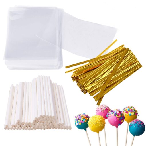 300Pcs 6 Inches Cake Pop Sticks and Wrappers Include 100Pcs Cake Pop Sticks 100Pcs Cake Pop Bags and 100Pcs Twist Ties Thick