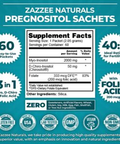 Zazzee PREGNOSITOL Premium Myo-Inositol, D-Chiro-Inositol & Folic Acid Blend, 60 Day Supply, 2 Month Supply, Ideal 40:1 Ratio, 60 Easy-Tear Packets, 100% Vegan, All Natural and Non-GMO 60 Count (Pack of 1) 13 71xWM7jK1rL